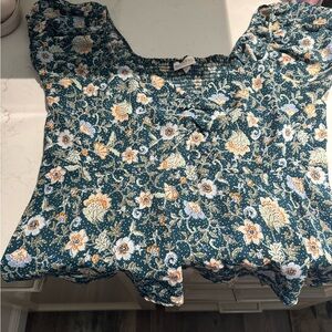 Shyanne Teal Floral Square-Neck Blouse with Puff Sleeves